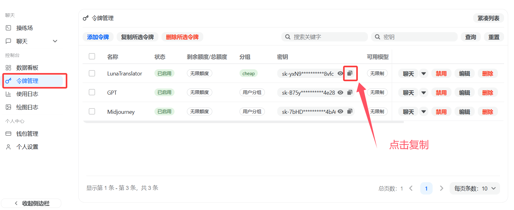 复制 API Key