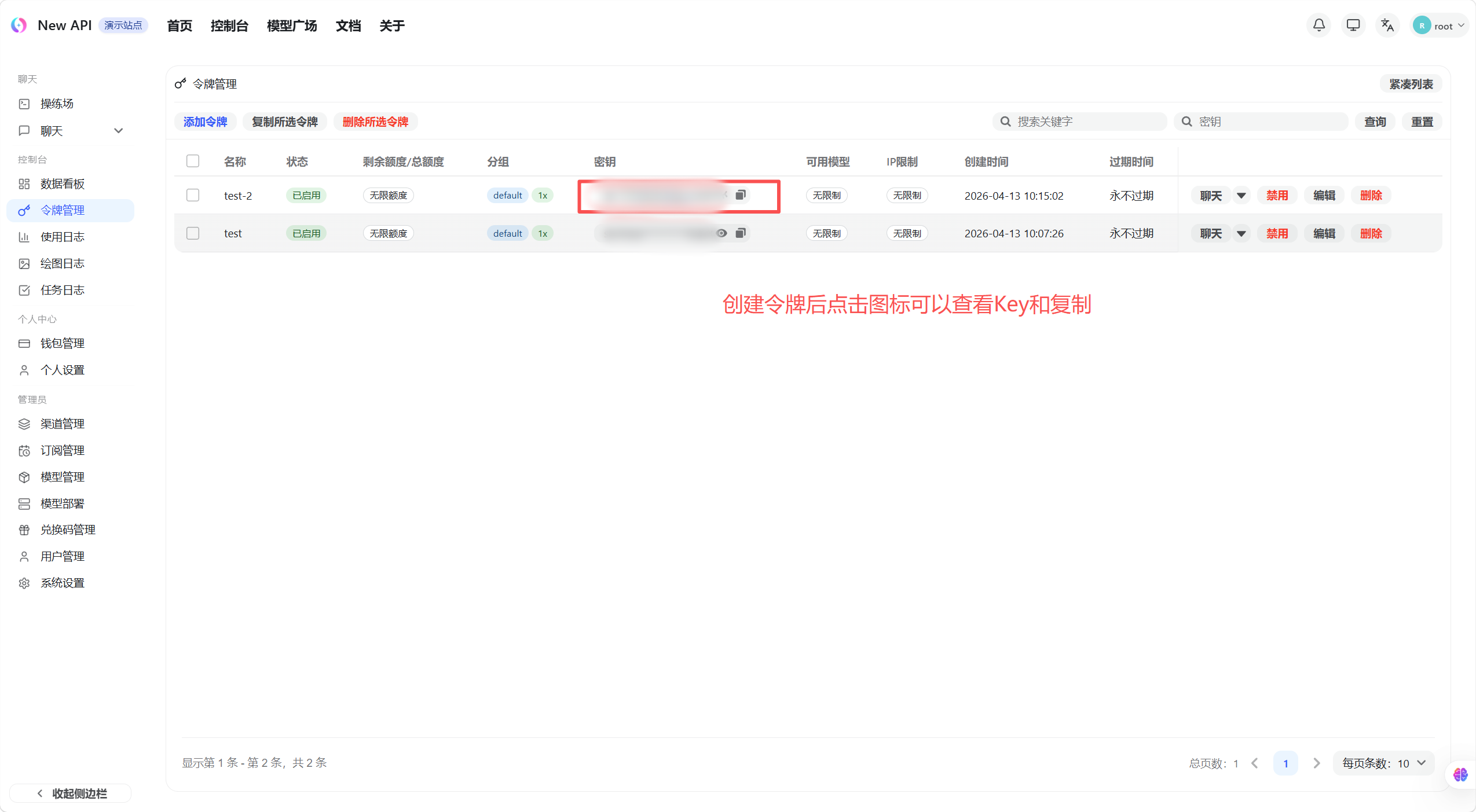 Token created successfully, showing full key